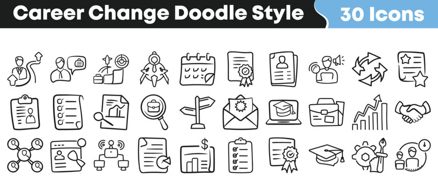 Hand drawn black and white career change doodle style icons