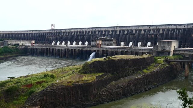 Panoramic view of the massive Itaipu Hydroelectric Dam structure and reservoir on the Paran&aacute; River at the Triple Frontier between Brazil and Paraguay.