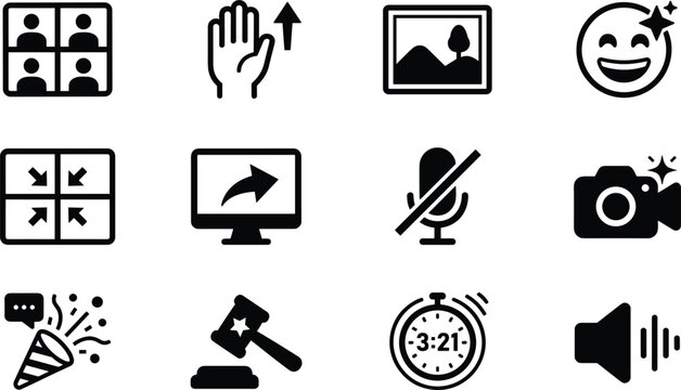 Online Video Conference and Virtual Meeting Interface Icon Set with Screen Share, Breakout Room, Raise Hand, and Chat Reaction Symbols Vector Design