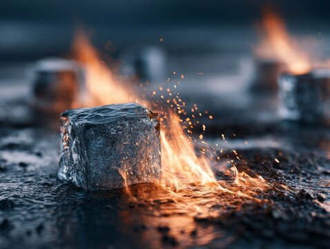 Burning ice cubes melting into fire water mix, elemental contrast concept, macro surreal style. 