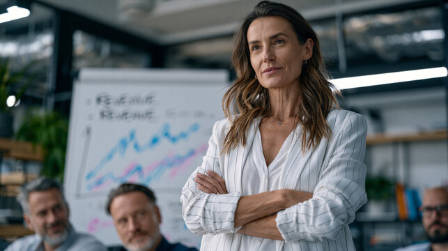 Confident female founder presenting hand-drawn revenue projections on a whiteboard to skeptical angel investors in a sleek high-rise conference room, her posture assertive and focused, embodying ent