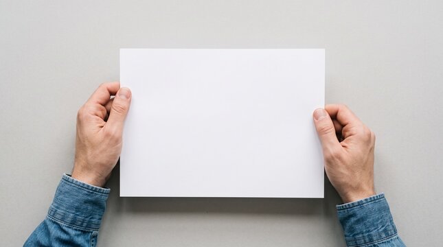Two masculine hands wearing blue denim sleeves hold a clean rectangular white paper sheet in a top down perspective captured with natural soft lighting and a crisp high resolution focus.