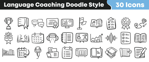 Hand drawn black and white doodle icons for language coaching © Vectoravec