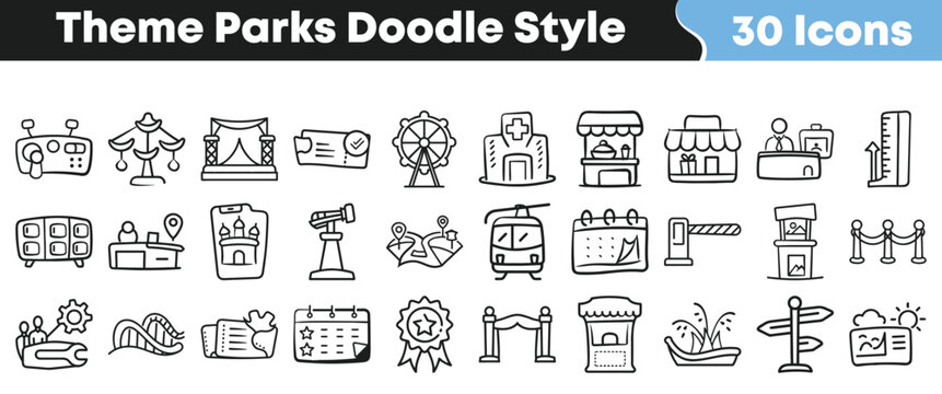 Collection of thirty black and white hand drawn theme park icons