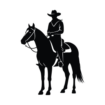Western Cowboy on Standing Horse Black Silhouette Flat Vector Illustration Isolated on White Background Artwork