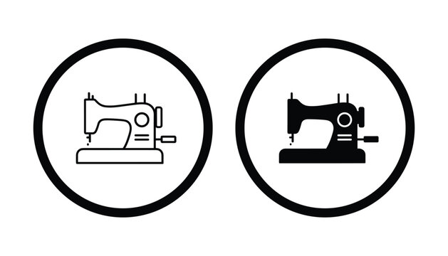 Vintage sewing machine equipment icons in outline and solid styles for textile industry tailoring services and creative hobby crafts design