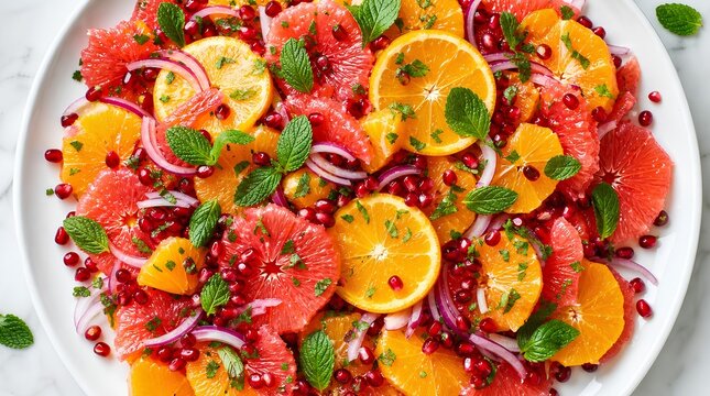 A bright citrus salad of orange and grapefruit slices with pomegranate seeds, red onion and mint on a white platter suits healthy recipe advertising.