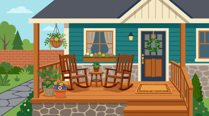 Fototapeta premium Charming vector illustration of a cozy welcoming front porch featuring wooden rocking chairs colorful potted flowers hanging basket doormat blue door with wreath on teal house with stone foundation