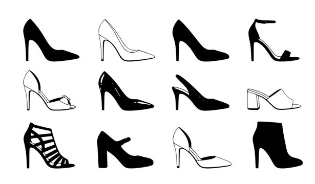 High Heel Shoes Vector Illustration Collection in Black White and Orange