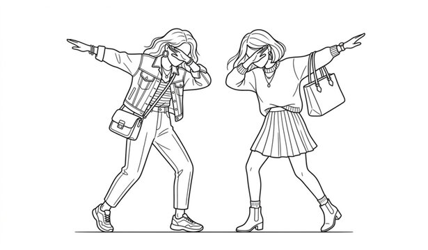 Fashionable women doing dab pose hand drawn line art vector illustration isolated on white