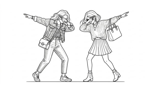 Two stylish women fashion line art vector with playful dab pose isolated on white