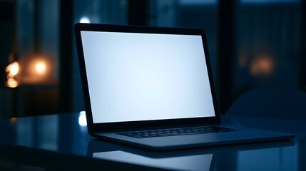 Fototapeta premium A laptop with blank screen sits on dark reflective surface at night with soft warm lights blurred in background