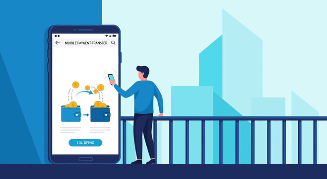Man using mobile app for online money transfer and digital payments with cryptocurrency concept