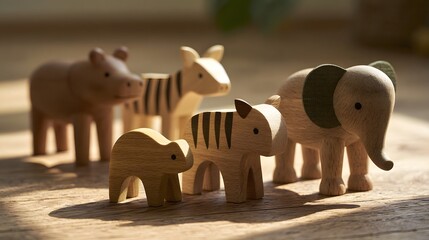 Obraz premium A row of wooden toy animals including elephant zebra and hippo standing on a sunlit wooden floor