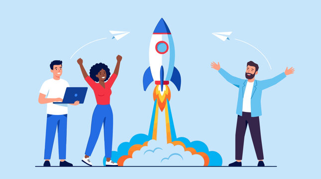 Startup Launch Success featuring diverse team celebrating rocket takeoff with laptop and paper planes, ideal for business growth presentations and marketing campaigns.