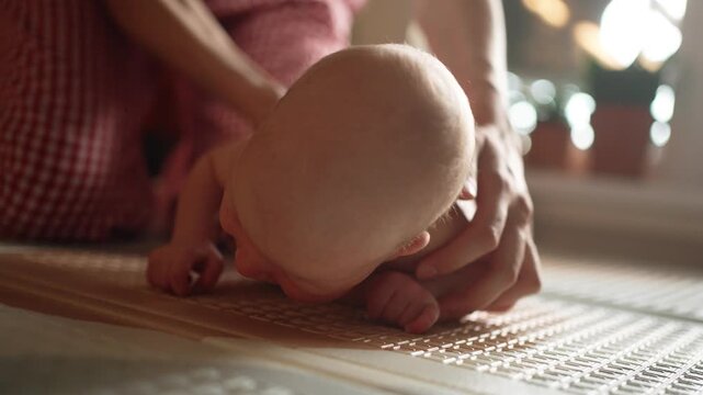 Caring mother assisting her newborn son with tummy time exercises on a mat, gently helping the infant lift and hold his head to strengthen neck muscles and develop motor skills at home