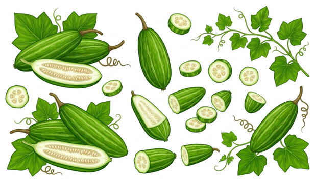 Realistic Organic Pointed Gourd with Leaves Vector Bundle