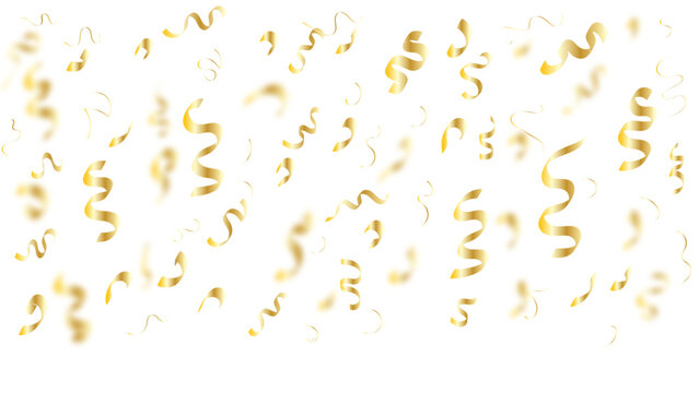 Gold confetti ribbons falling on white background abstract luxury celebration party decoration element blurred glossy serpentine tinsel vector illustration