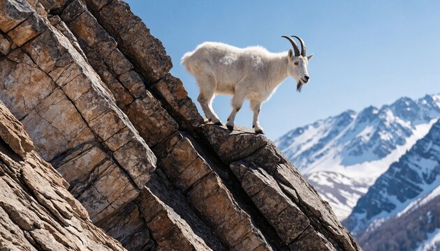 Sure-footed mountain goat poised on a narrow alpine cliff ledge above snowy peaks, crisp blue sky and rugged rock face capturing wild resilience, altitude, balance, and dramatic wilderness adventure