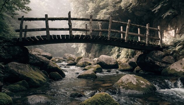 Rustic wooden footbridge arches over a misty mountain stream with moss covered boulders, fern lined canyon walls, soft dappled forest light and tranquil wilderness hiking atmosphere