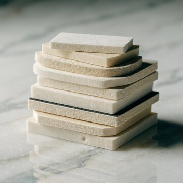 Stack of professional nail buffers and sanding blocks on pale marble surface, soft diffused studio light, neutral beauty tools arranged for manicure salon product photography with clean spa aesthetic