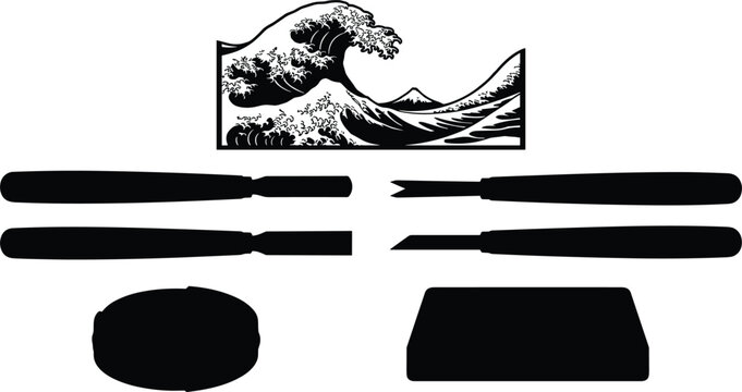 Traditional Japanese Woodblock Printing Vector Set with Carving Chisels Baren Press and Great Wave Motif