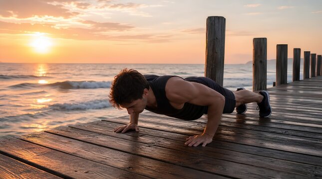 Athletic man doing push ups on a wooden seaside pier at sunset, ideal for fitness, wellness, motivation, and outdoor workout promotions.