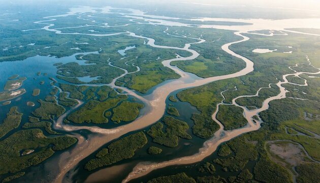 Aerial view of meandering river delta with branching muddy channels winding through lush green wetlands, islands, marshes and reflective water under soft hazy daylight, vast natural estuary ecosystem