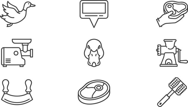 Butcher shop and meat processing line icon set featuring duck poultry grinders steak and tools.