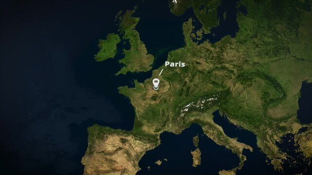 Satellite map zoom to Paris, France with a white location pin marker and typography. Widescreen broadcast graphic ideal for travel documentaries, news segments, and European geography presentations.

