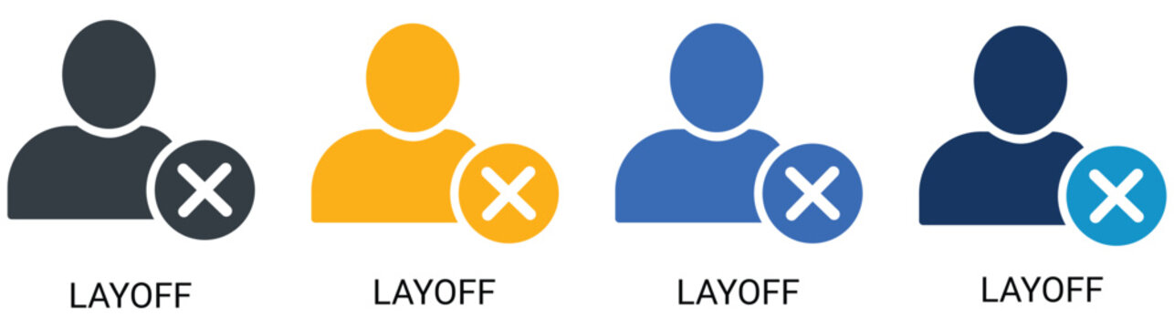 Corporate job layoff and staff reduction solid icon set, human resources employee avatar with cross mark, business crisis dismissal and unemployment vector.

