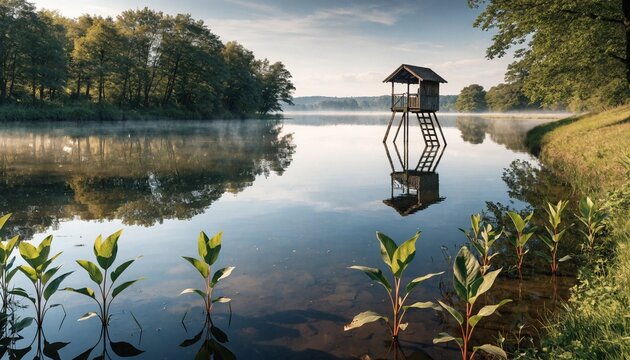 Tranquil fishing pond at sunrise with small wooden hut on stilts, mirror calm water, misty forest reflections, lush shoreline plants, serene rural nature retreat landscape, peaceful outdoor escape