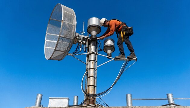 Rooftop telecommunications technician servicing antenna array high above building, wearing safety harness and tool belt, cables on metal mast against vivid blue sky, wireless network maintenance