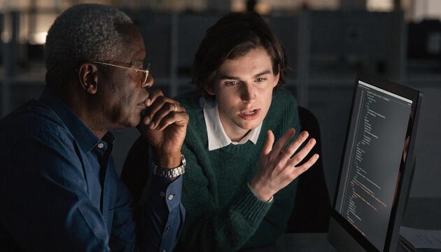 Senior software mentor and young intern reviewing code on one monitor in dim office, cool screen glow illuminating collaborative debugging, technology training and intergenerational teamwork