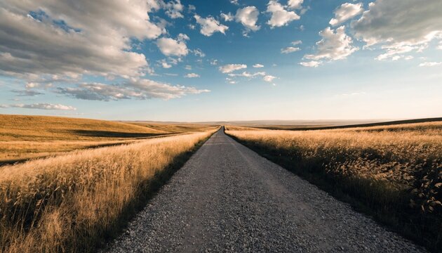 Endless gravel road cutting through golden prairie grass under vast blue sky with dramatic clouds, warm late afternoon light, rural landscape symbolizing travel, solitude, freedom and open horizons