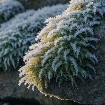 Photorealistic macro of frost covered green moss draping a rough rock, sparkling white ice crystals on tiny fronds in cold soft morning light, rich woodland texture and serene winter detail