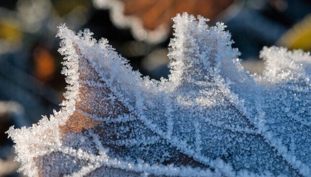 Macro photograph of a frost rimed fallen leaf, jagged white ice crystals sparkling along delicate brown edges in cold blue morning light, winter nature texture with shallow bokeh background