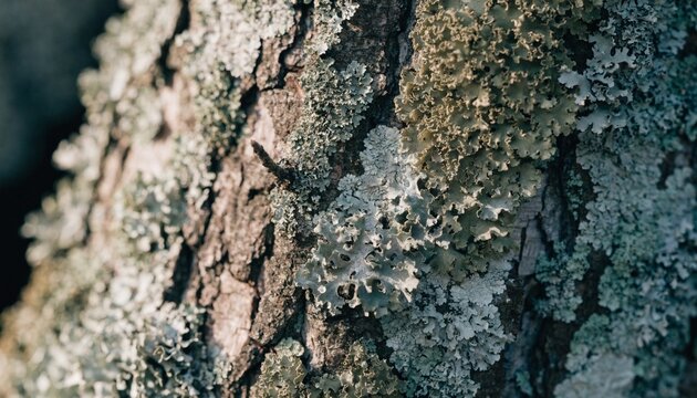 Detailed macro photograph of tree bark covered with pale green and gray lichen, rough fissured surface in soft side light, wild forest texture showing natural patterns, age and biodiversity