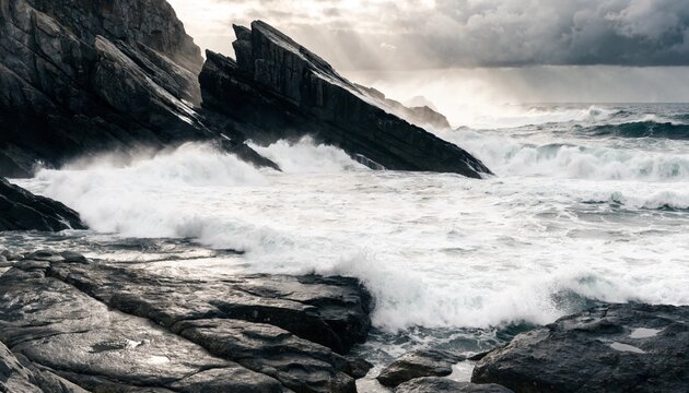 Jagged black rock formations battered by foaming Atlantic waves under storm clouds and shafts of pale sun, wild rugged shoreline creating a dramatic seascape for adventure travel imagery