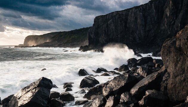 Storm-lashed rocky coastline with crashing white surf beneath dark sea cliffs, brooding clouds and dramatic light over wild ocean, powerful coastal landscape for travel and nature themes