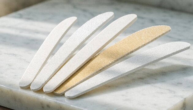 Fanned set of white and beige nail files on pale marble surface in soft diffused light, elegant manicure tools close up for beauty salon, personal care, spa and grooming product advertising