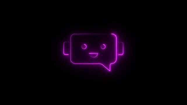 Glowing cyan Neon robot Silhouette with Speech Bubble on Black Background. neon Chatbot icon symbol concept. Voice support service bot. AI Agents and AI driven messaging systems..