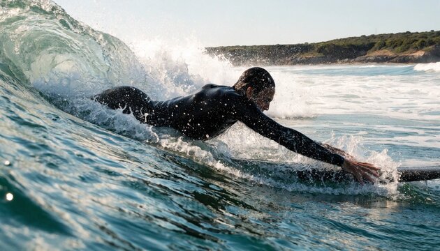 Athletic surfer in black wetsuit paddling through a curling turquoise wave, ocean spray flying in bright coastal sunlight, dynamic action water sports scene near sandy shoreline and beach break