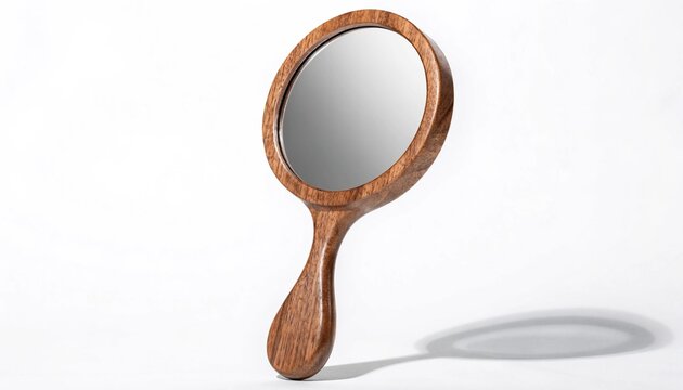 Elegant wooden hand mirror isolated on a clean white studio background, oval glass, carved handle, warm wood grain texture and soft shadow for beauty grooming product presentation mockup