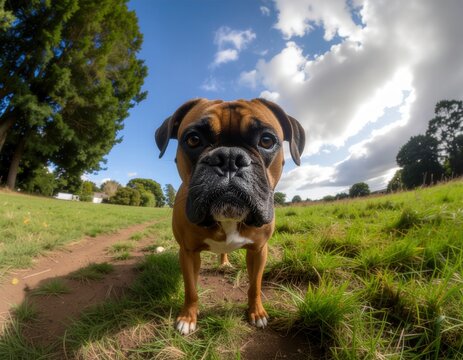 Boxer dog looking at camera with wide angle lens