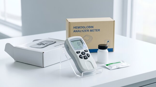 Handheld hemoglobin analyzer meter with test strip and packaging on white surface