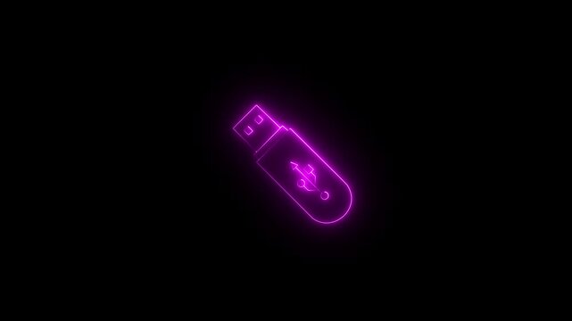 Glowing neon USB icon isolated on black . USB Drive icon animation. Security, safety, protection concept. USB Flash Drive Icon Glowing Neon Animation..