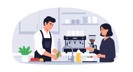 Fototapeta premium Barista preparing coffee and customer ordering in cafe flat illustration style