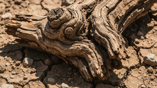 A weathered, gnarled log with intricate spiral patterns rests on cracked, dry earth scattered with small stones under bright sunlight.