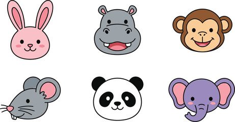 Cute wild and domestic animal avatar vector collection featuring cartoon rabbit hippo monkey panda elephant. © Shukimon